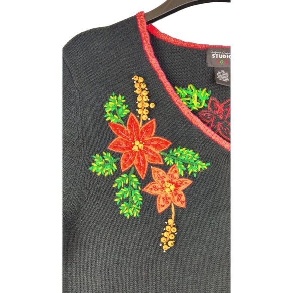 VTG 90s Christmas Sweater Cardigan L Design Originals Studio Joy Poinsettias - Picture 10 of 15